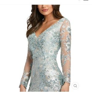 Mac Duggal Embellished V Neck Illusion Long Sleeve Gown